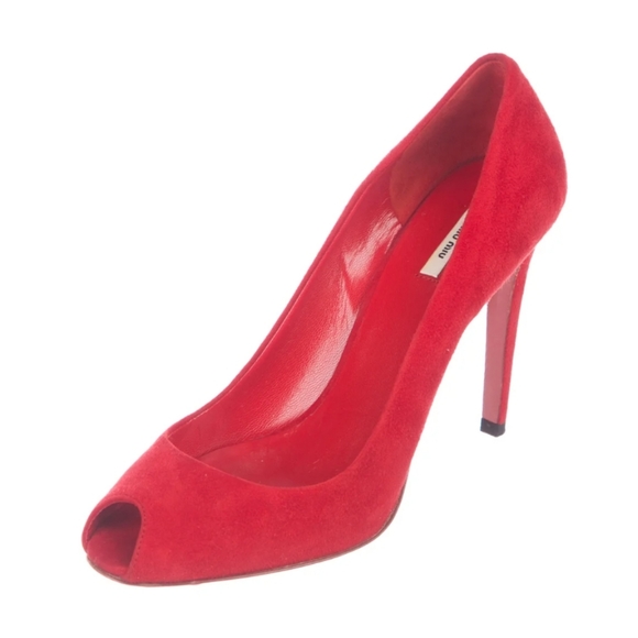 Miu Miu Prada Red Suede Peep Toe Stiletto Heels Pumps Size 37.5 - Picture 2 of 8